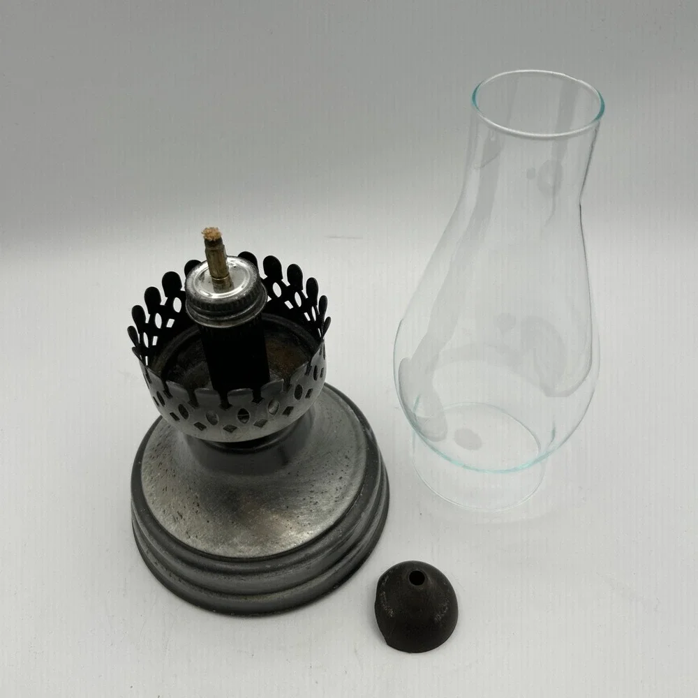 Hollowick Oil Lamp Vintage Silver Glass Chimney Rustic Farmhouse Table Lighting